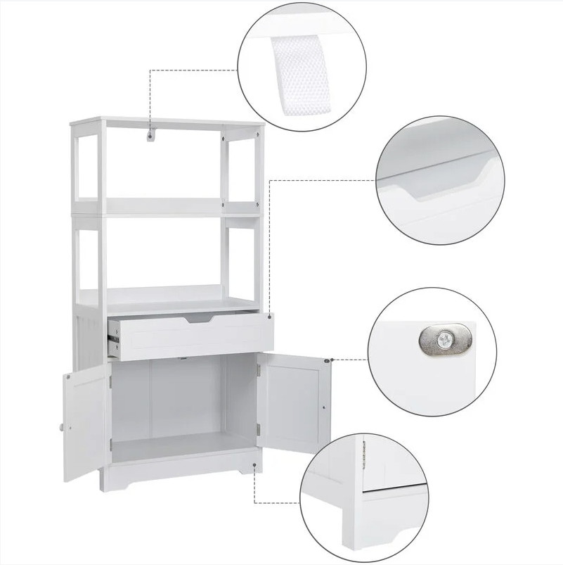 Meuble de salle de bain - meuble de rangement avec tiroirs 2 étagères blanc