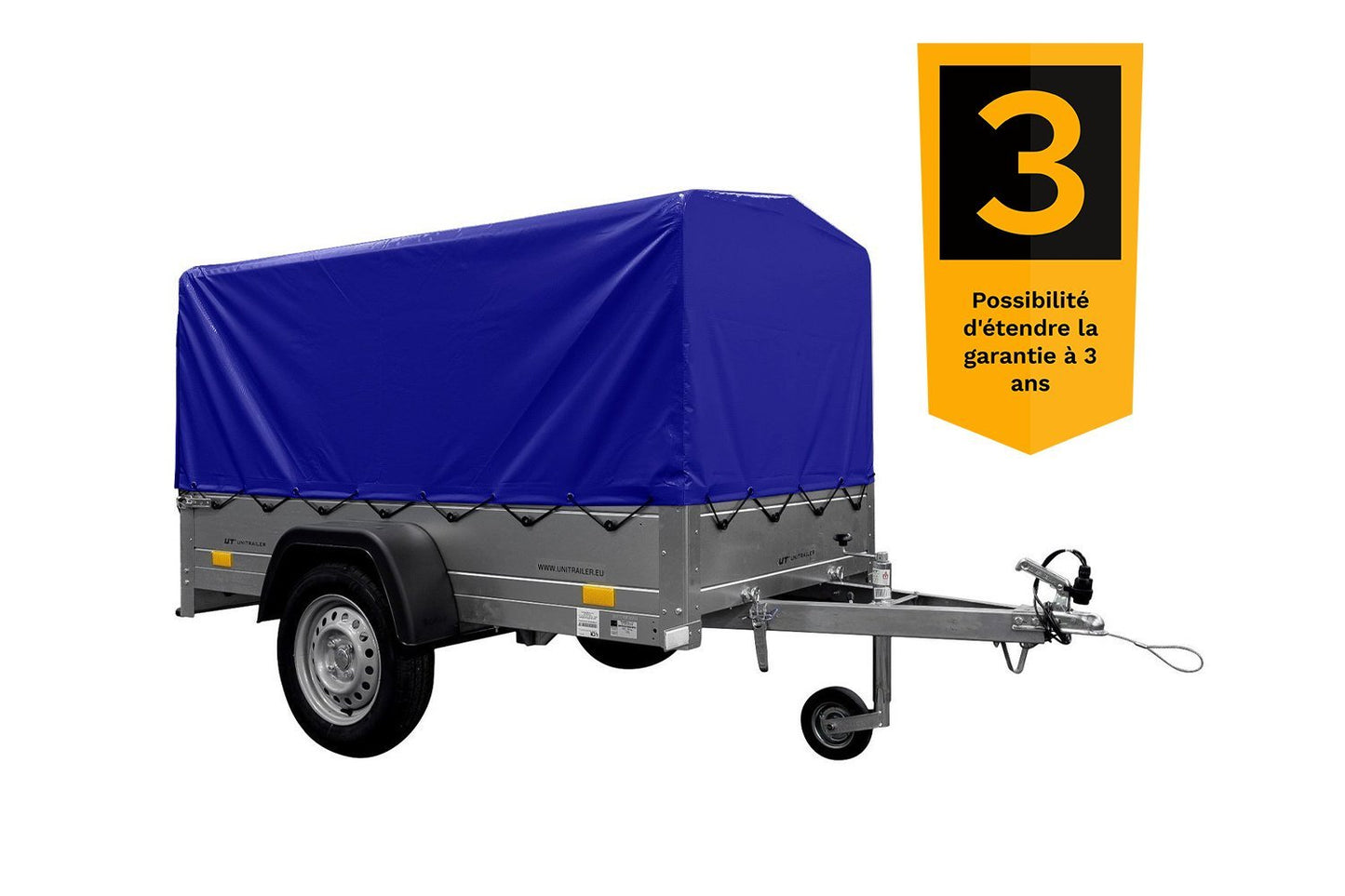 Remorque bagagère garden trailer 200 kipp 200 x 106 cm avec bâche haute bleue, arceau et roue jockey – Neuf – Prix Destockage