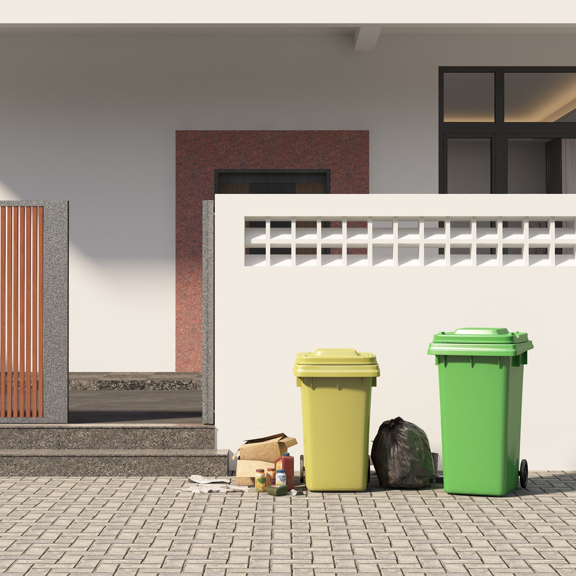 Cache poubelle en métal Anthracite/Effet Bois - 2 conteneurs