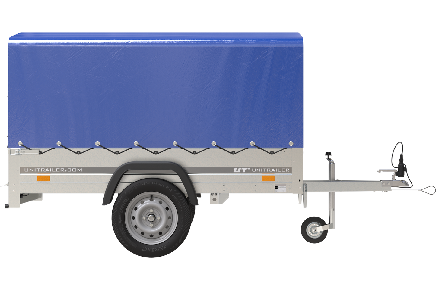 Remorque bagagère garden trailer 200 kipp 200 x 106 cm avec bâche haute bleue, arceau et roue jockey – Neuf – Prix Destockage