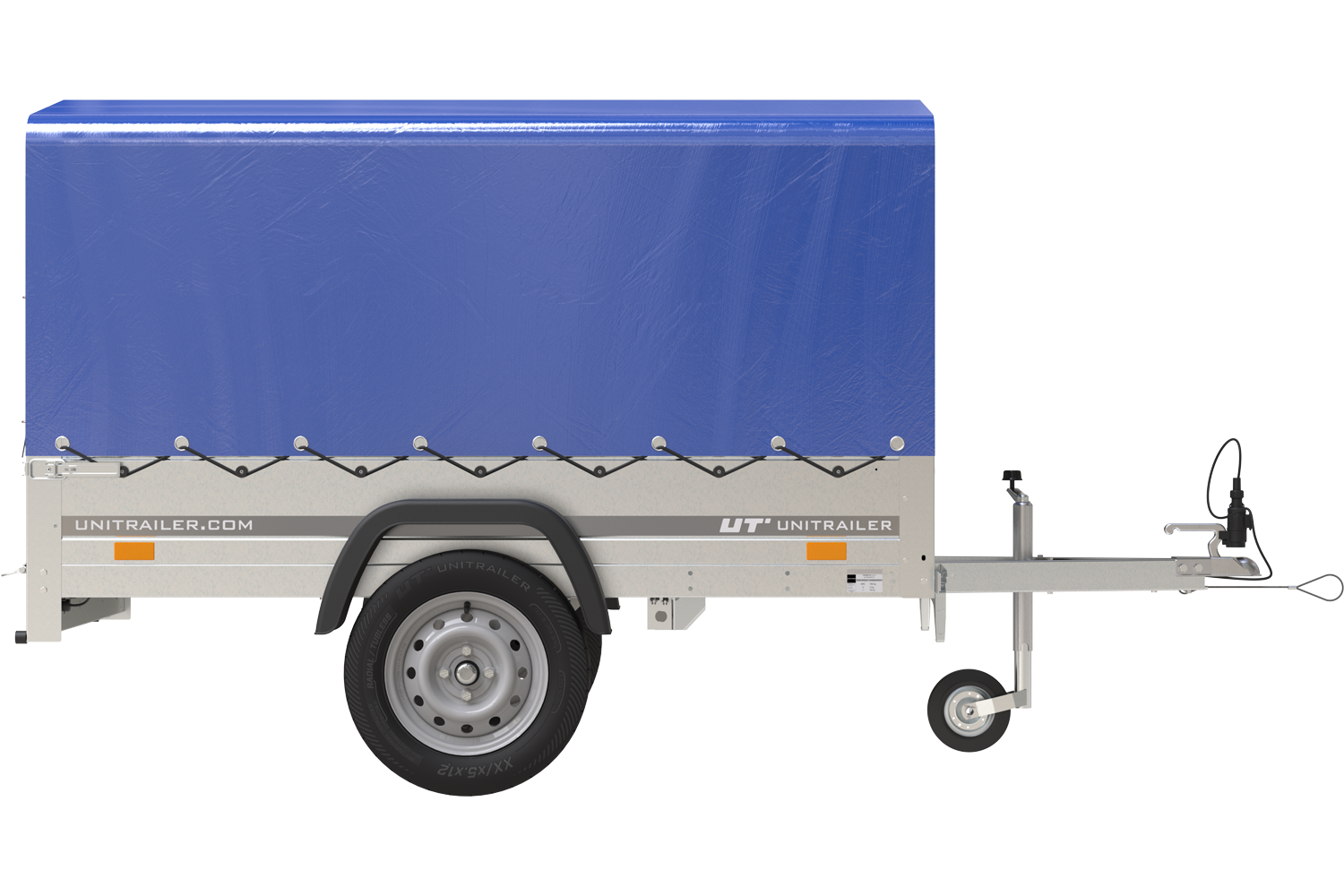 Remorque bagagère garden trailer 200 kipp 200 x 106 cm avec bâche haute bleue, arceau et roue jockey – Neuf – Prix Destockage